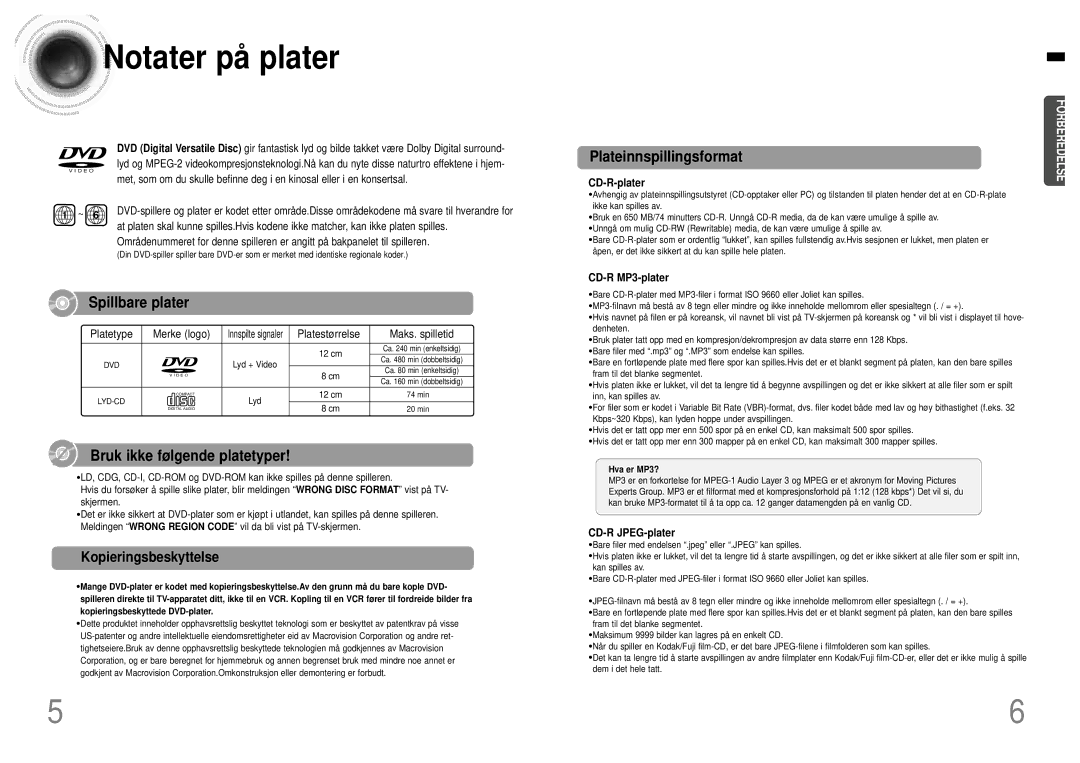 Samsung HTDB120TH/EDC manual Notater på plater, Kopieringsbeskyttelse, CD-R-plater, CD-R MP3-plater, CD-R JPEG-plater 