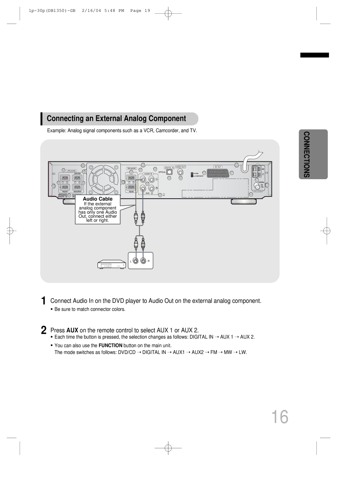 Samsung HTDB1350RH/ELS Connecting an External Analog Component, Press AUX on the remote control to select AUX 1 or AUX 