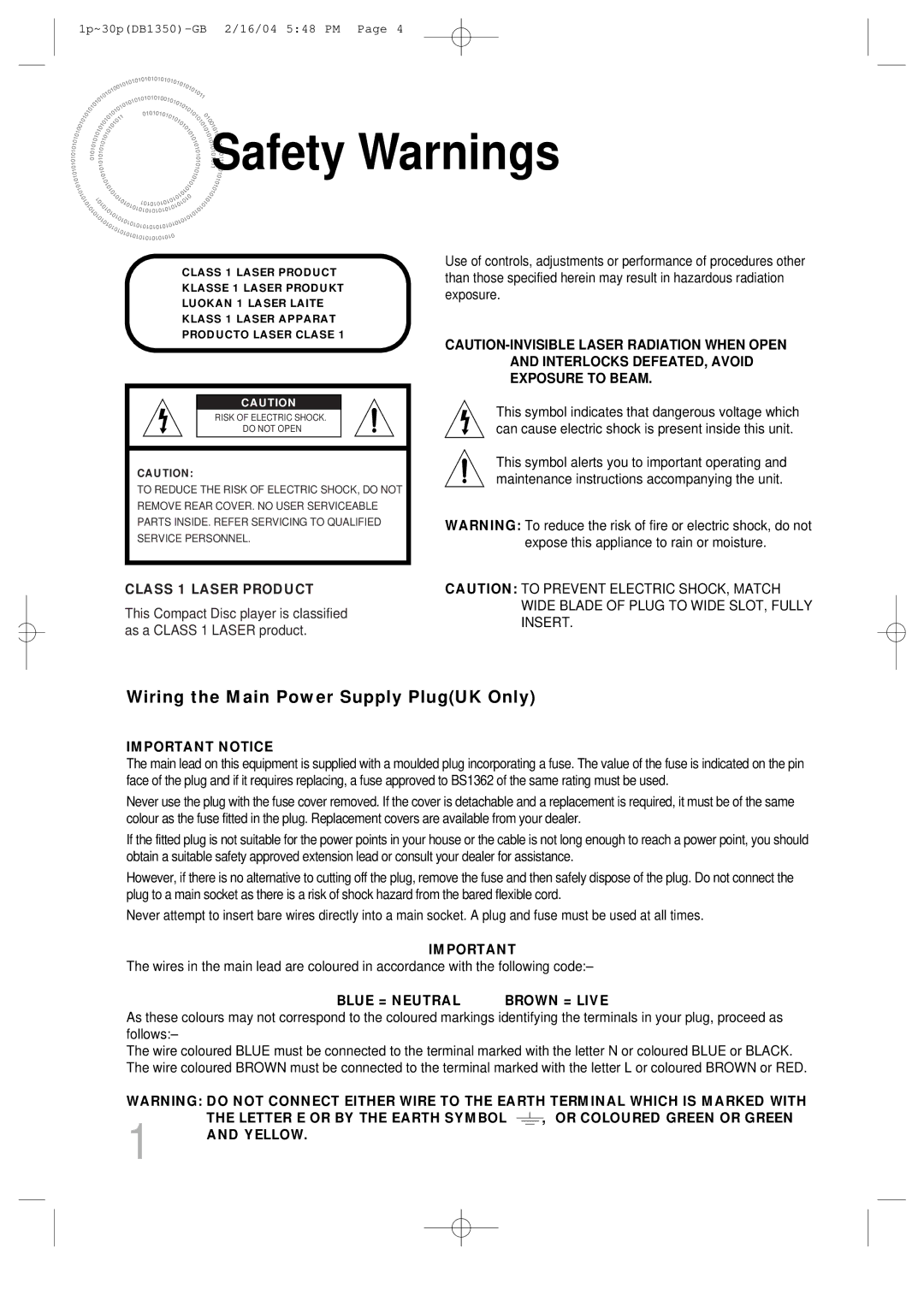 Samsung HTDB1350RH/EDC, HTDB1350RH/ELS manual Safety Warnings, Class 1 Laser Product 