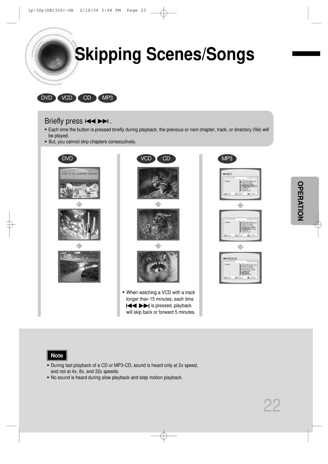 Samsung HTDB1350RH/ELS, HTDB1350RH/EDC manual Skipping Scenes/Songs, Briefly press 