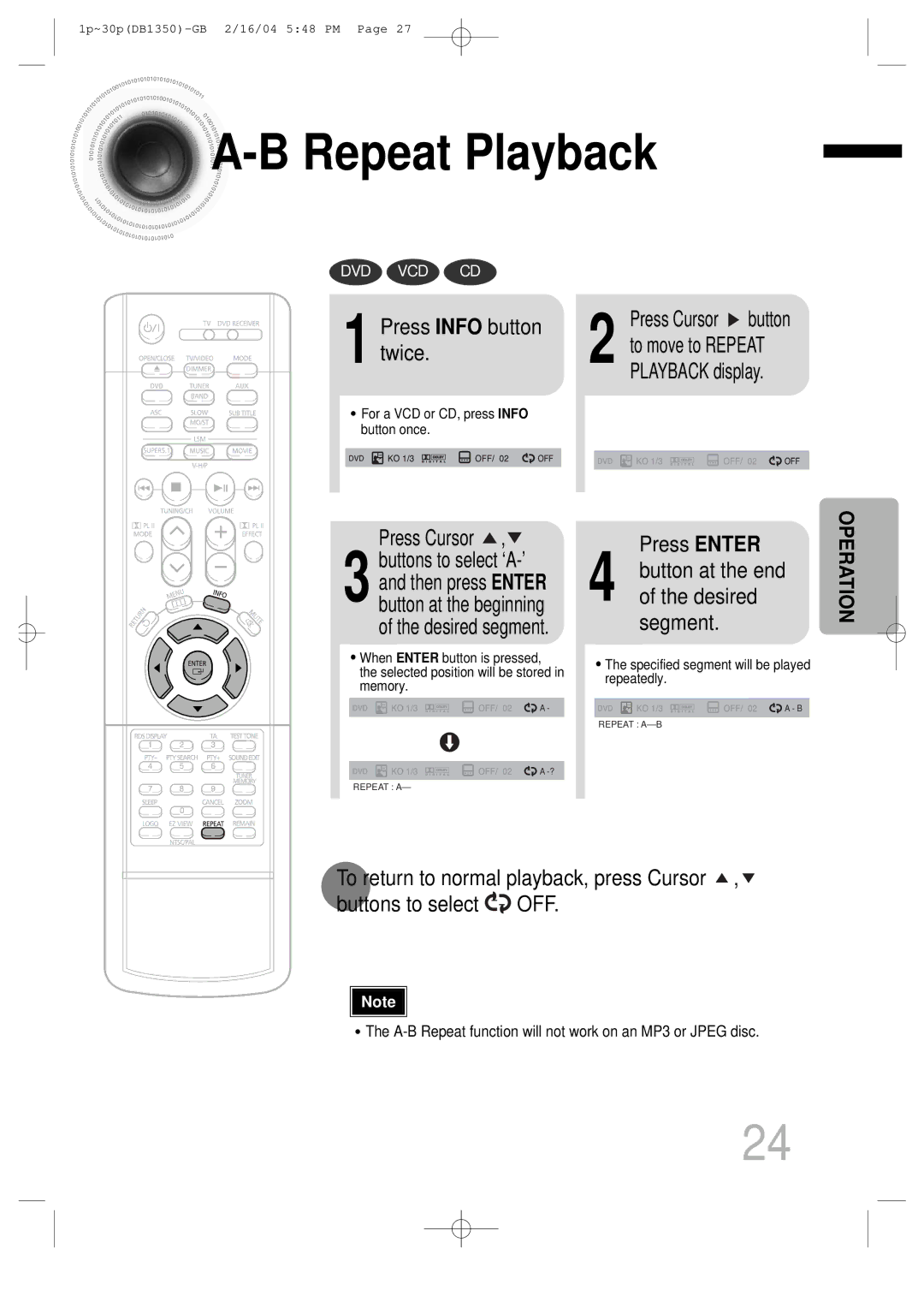 Samsung HTDB1350RH/ELS Press Info button twice, Press Enter, A-B Repeat function will not work on an MP3 or Jpeg disc 