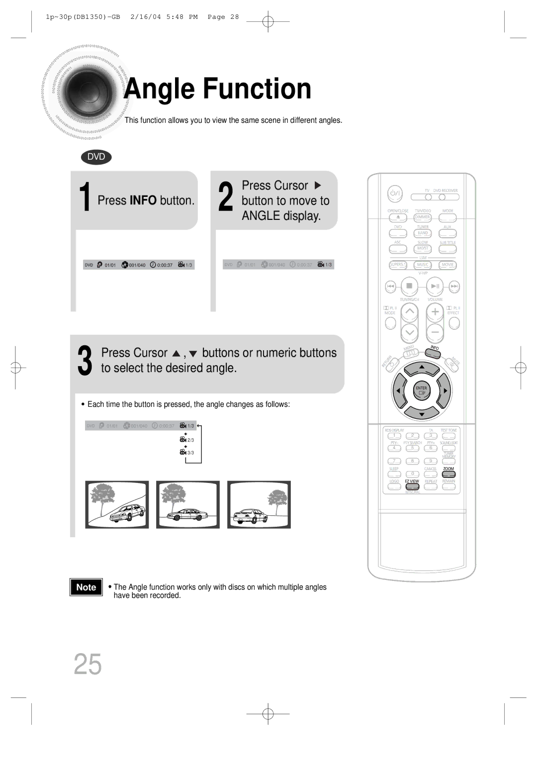 Samsung HTDB1350RH/EDC, HTDB1350RH/ELS manual Angle Function, Press Cursor 