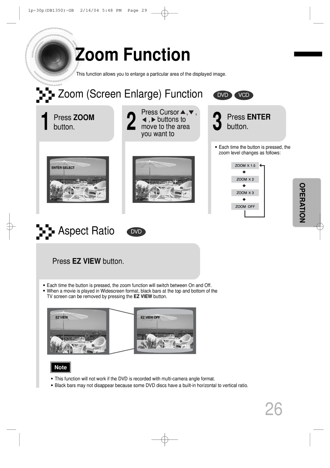 Samsung HTDB1350RH/ELS, HTDB1350RH/EDC manual Zoom Function, Press Zoom, Button, Press EZ View button 