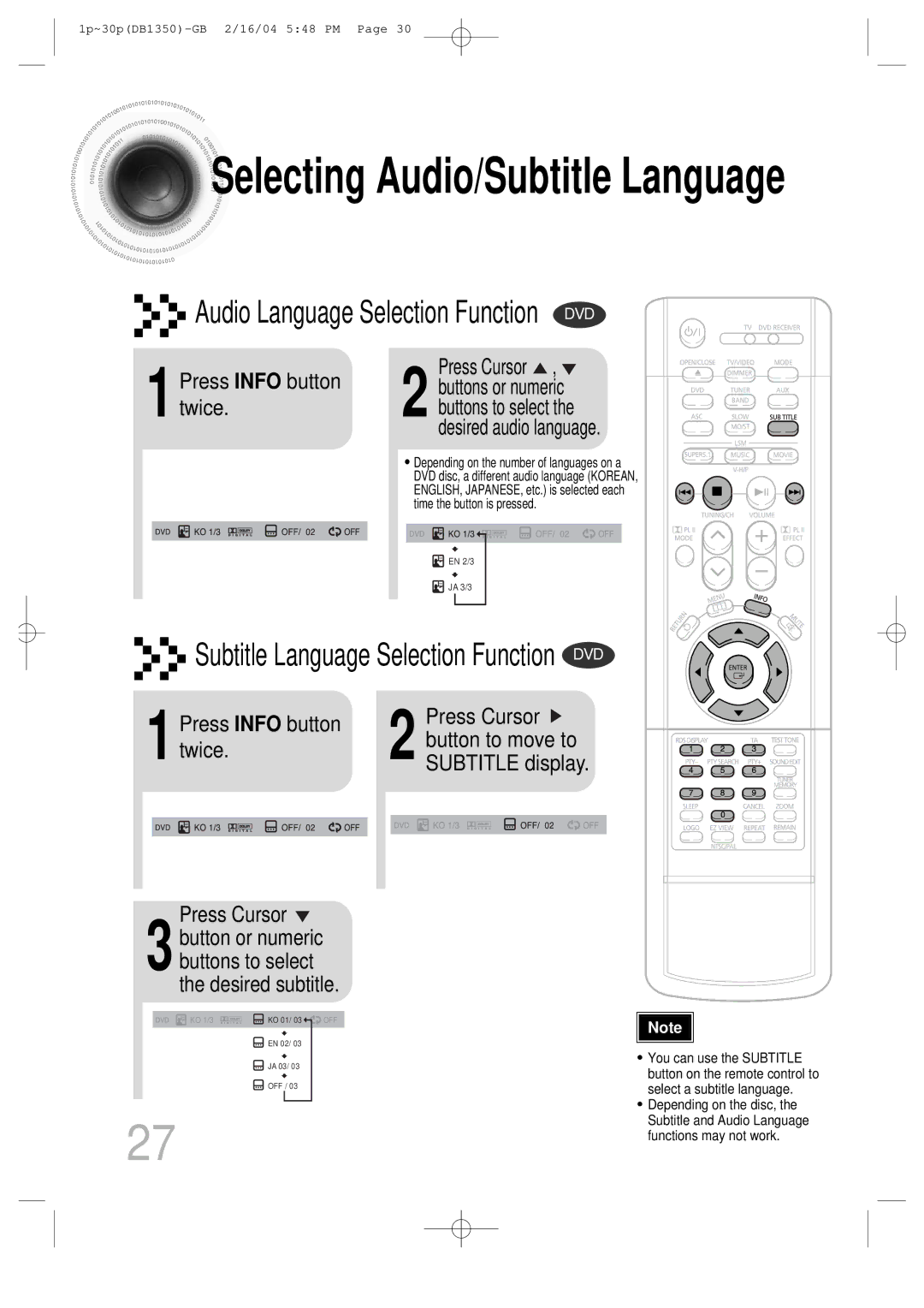 Samsung HTDB1350RH/EDC, HTDB1350RH/ELS 1Press Info button twice, Press Info button Press Cursor Button to move to Twice 