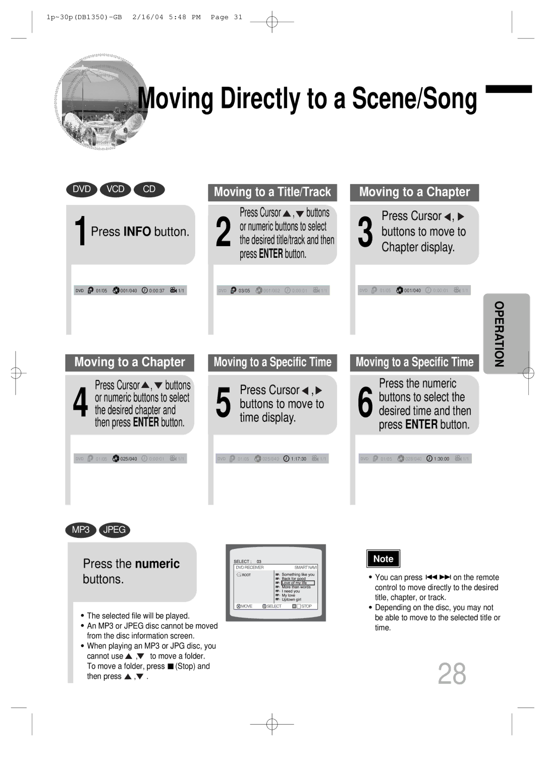 Samsung HTDB1350RH/ELS manual 1Press Info button, Press Cursor , buttons, Time display, Chapter display, Press the numeric 