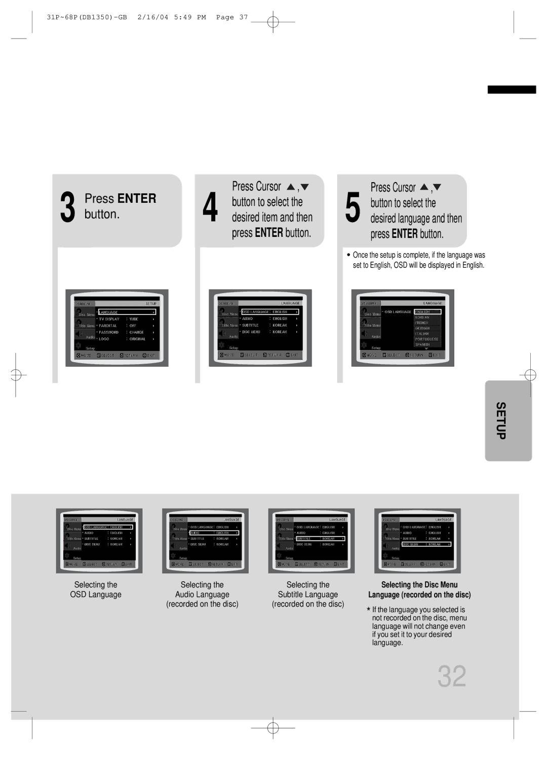 Samsung HTDB1350RH/ELS, HTDB1350RH/EDC manual Press Enter Press Cursor, Press Enter button 