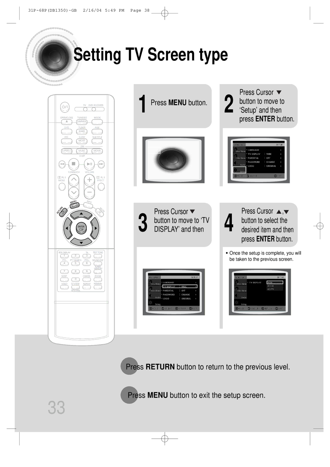 Samsung HTDB1350RH/EDC manual Setting TV Screen type, Press Enter button, Press Cursor 2 button to move to ‘Setup’ and then 