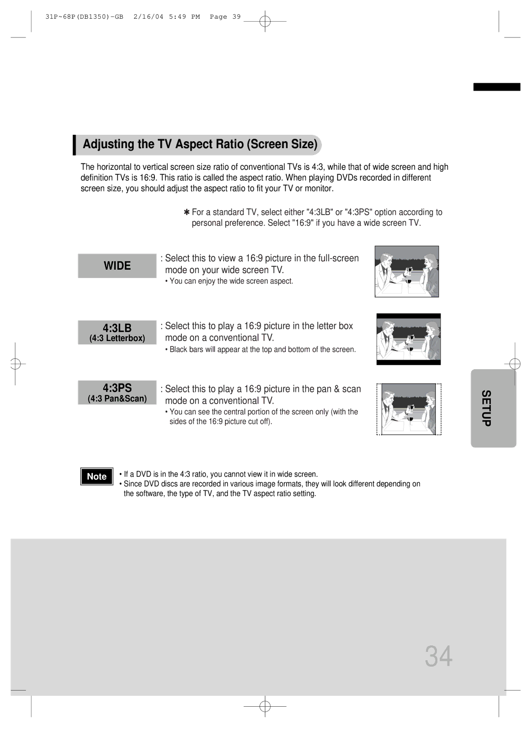 Samsung HTDB1350RH/ELS, HTDB1350RH/EDC manual Adjusting the TV Aspect Ratio Screen Size, 43LB, 43PS, Letterbox, 43 Pan&Scan 