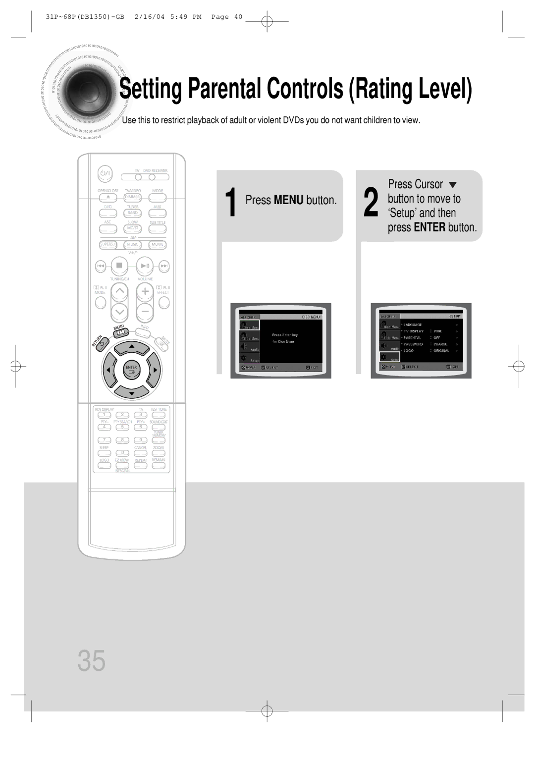 Samsung HTDB1350RH/EDC, HTDB1350RH/ELS manual Setting Parental Controls Rating Level 