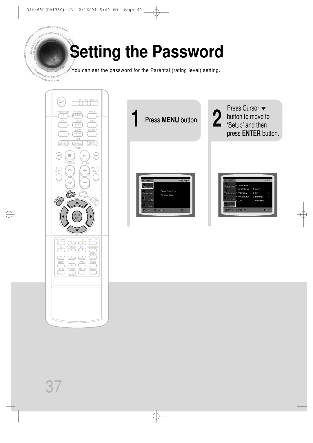 Samsung HTDB1350RH/EDC, HTDB1350RH/ELS manual Setting the Password, Press Cursor Button to move to Press Menu button 