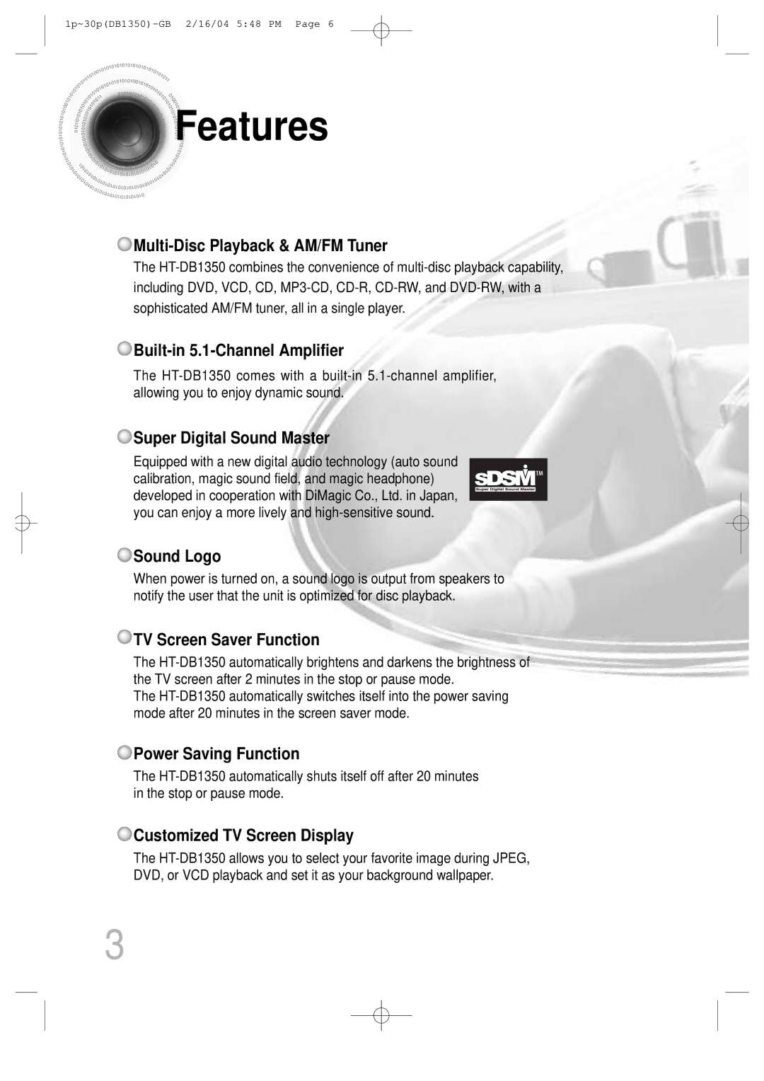 Samsung HTDB1350RH/EDC, HTDB1350RH/ELS manual Features 