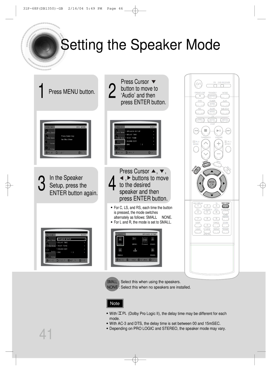 Samsung HTDB1350RH/EDC Setting the Speaker Mode, Press Enter button Press Cursor, Speaker and then press Enter button 