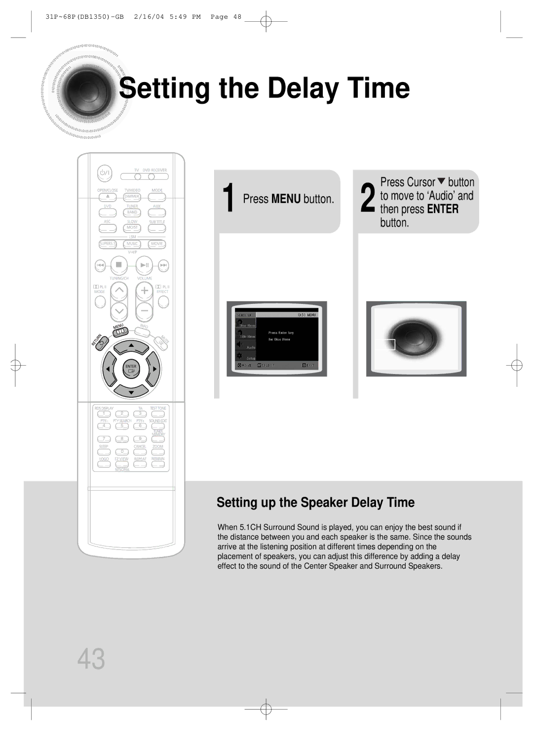 Samsung HTDB1350RH/EDC, HTDB1350RH/ELS manual Setting the Delay Time, Press Cursor button 