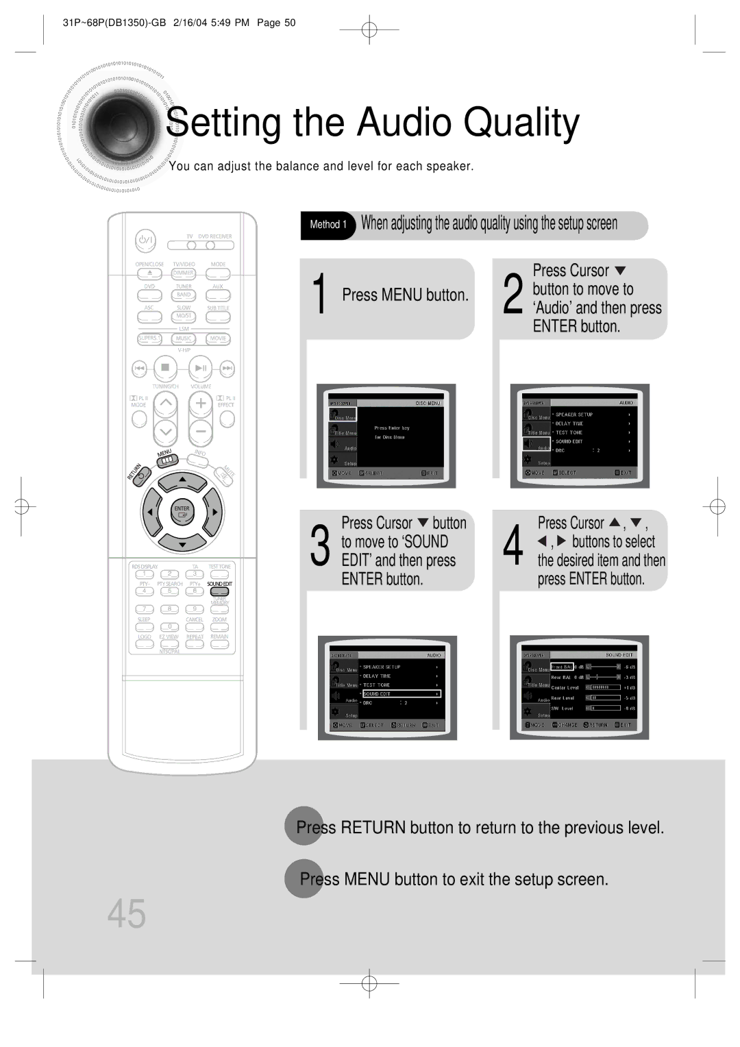 Samsung HTDB1350RH/EDC, HTDB1350RH/ELS manual Setting the Audio Quality, Enter button Press Cursor button 