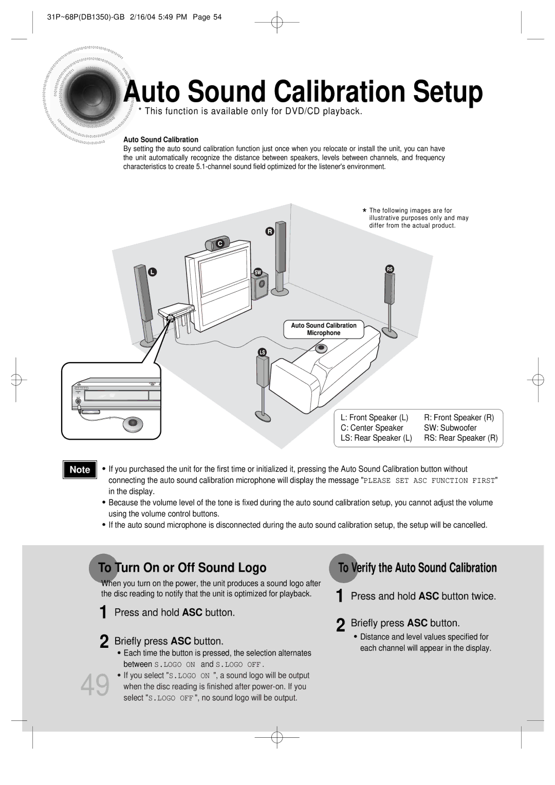 Samsung HTDB1350RH/EDC Auto Sound Calibration Setup, To Turn On or Off Sound Logo, To Verify the Auto Sound Calibration 