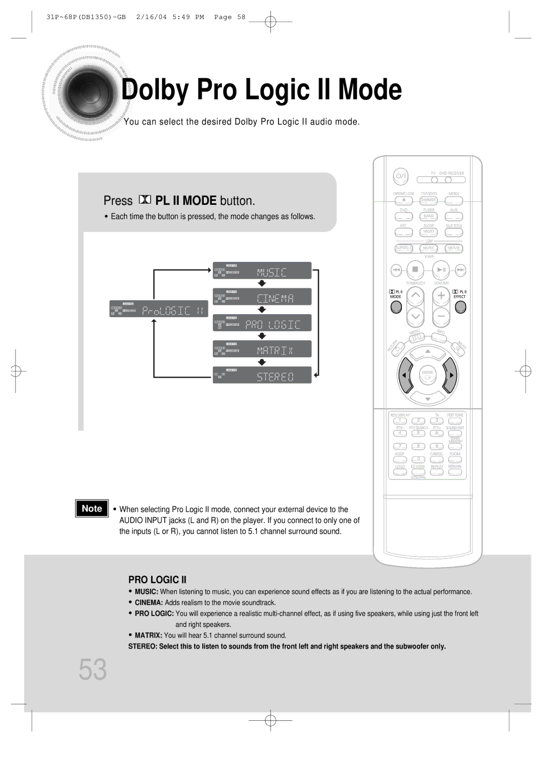 Samsung HTDB1350RH/EDC, HTDB1350RH/ELS manual Dolby Pro Logic II Mode, Press PL II Mode button 