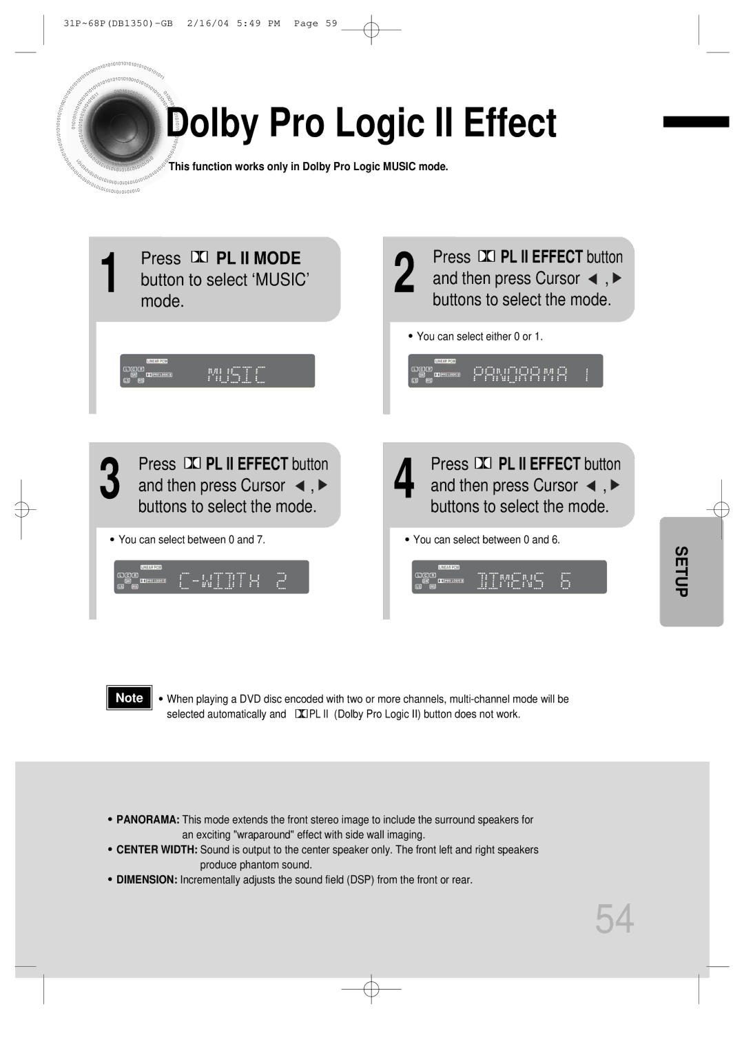 Samsung HTDB1350RH/ELS, HTDB1350RH/EDC manual Dolby Pro Logic II Effect, Press PL II Mode, Button to select ‘MUSIC’ mode 