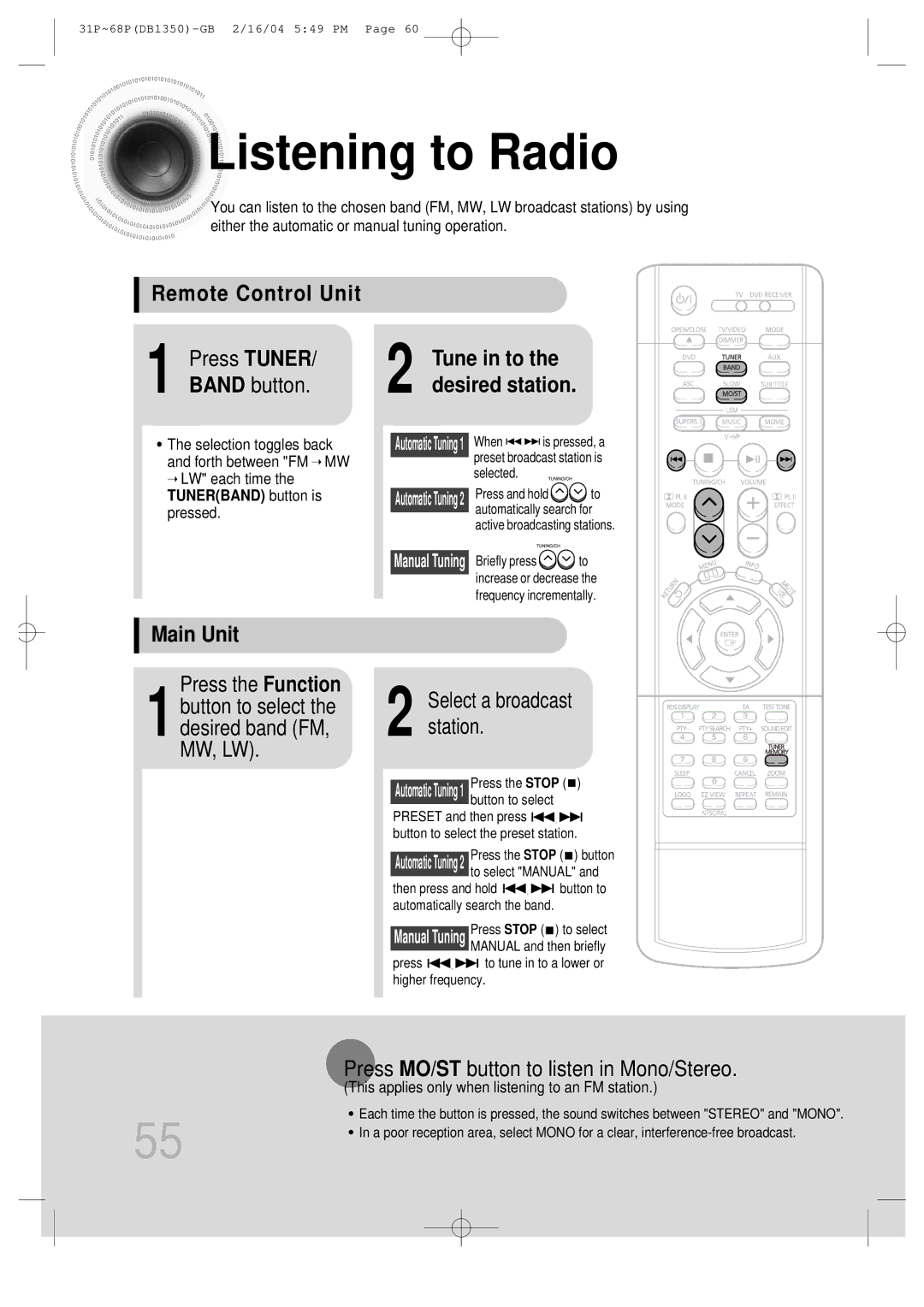 Samsung HTDB1350RH/EDC, HTDB1350RH/ELS manual Listening to Radio, Remote Control Unit Press Tuner, Band button, Main Unit 