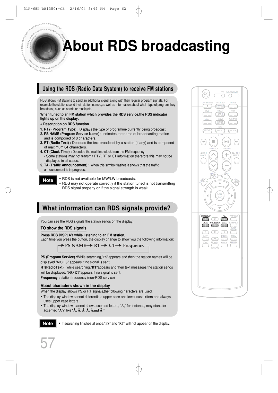 Samsung HTDB1350RH/EDC, HTDB1350RH/ELS manual About RDS broadcasting, Using the RDS Radio Data System to receive FM stations 