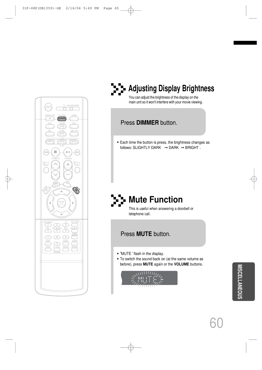 Samsung HTDB1350RH/ELS, HTDB1350RH/EDC manual Press Dimmer button, Press Mute button 