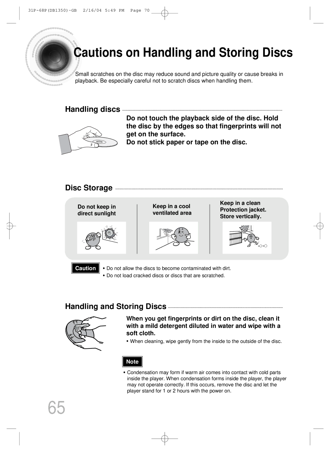 Samsung HTDB1350RH/EDC, HTDB1350RH/ELS manual Handling discs, Disc Storage, Handling and Storing Discs 