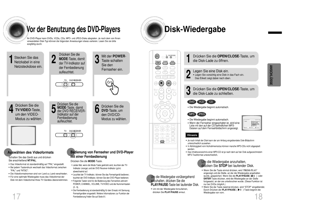 Samsung HTDB1350RH/EDC manual Disk -Wiedergabe, TV/VIDEO-Taste, um den VIDEO- Modus zu wählen, Auswä hlen des Videoformats 