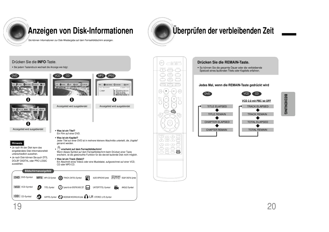 Samsung HTDB1350RH/EDC manual Drücken Sie die INFO-Taste, Drü cken Sie die REMAIN-Taste, Bedienung, VCD 2.0 mit PBC ist OFF 