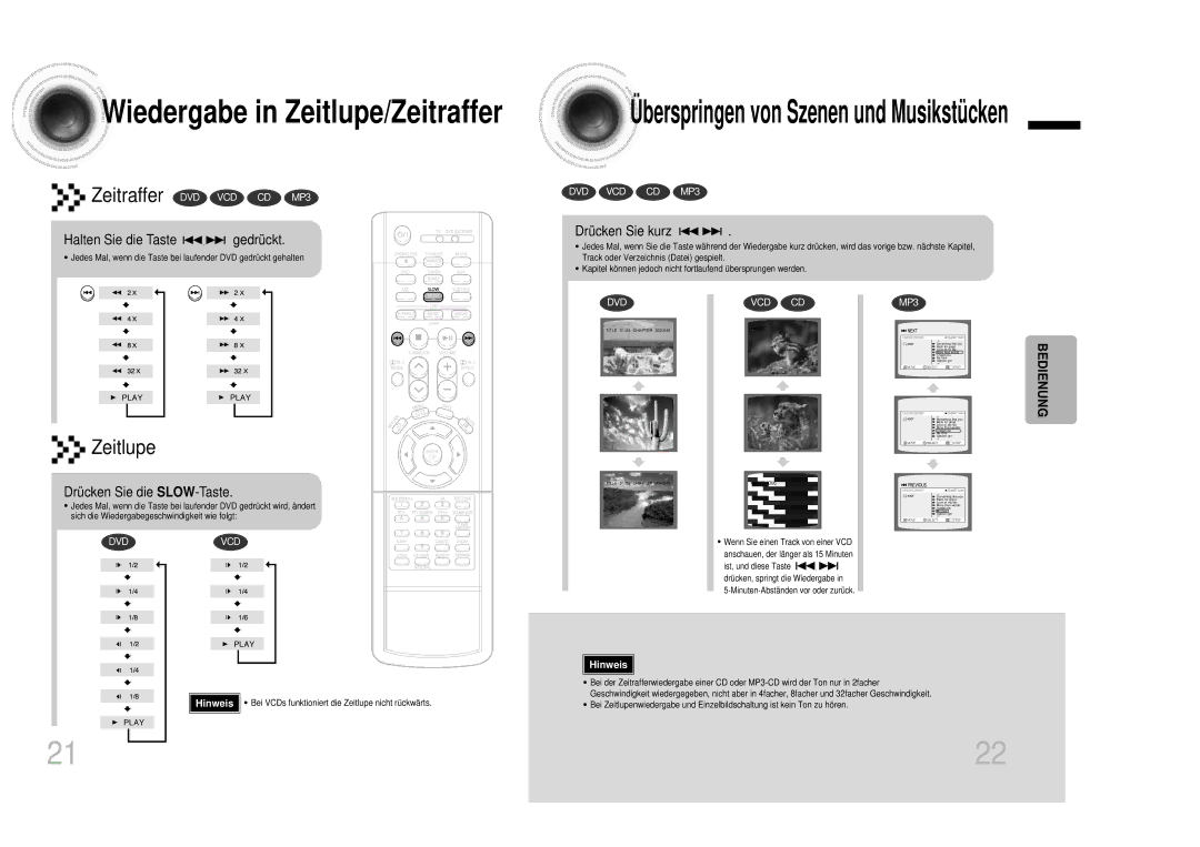 Samsung HTDB1350RH/EDC manual Wiedergabe in Zeitlupe/Zeitraffer, Berspringen von Szenen und Musikstü cken, Drücken Sie kurz 