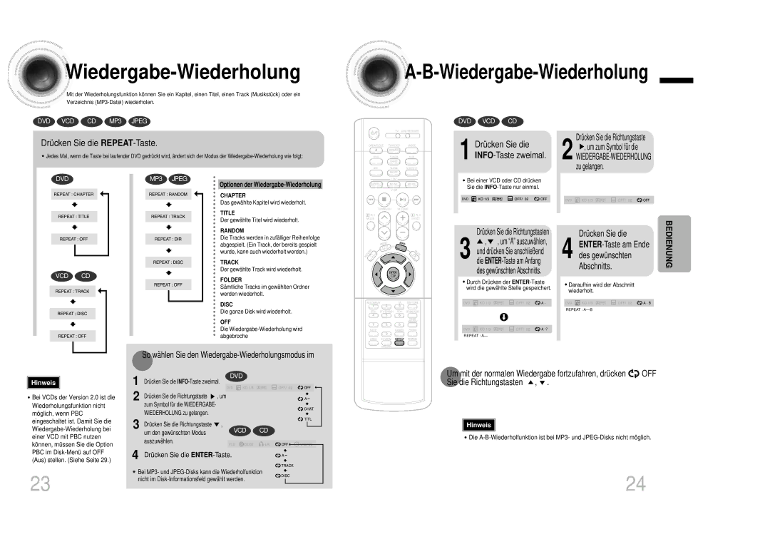 Samsung HTDB1350RH/EDC manual Wiedergabe -Wiederholung, Wiedergabe-Wiederholung, Drücken Sie die REPEAT-Taste 