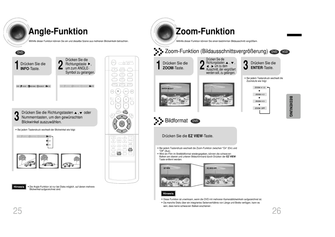 Samsung HTDB1350RH/EDC manual Angle -Funktion, Zoom -Funktion, Drücken Sie die EZ VIEW-Taste 