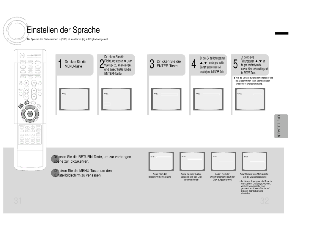 Samsung HTDB1350RH/EDC manual Einstellungen, Drücken Sie die MENU-Taste, Auf der Disk aufgezeichnet 