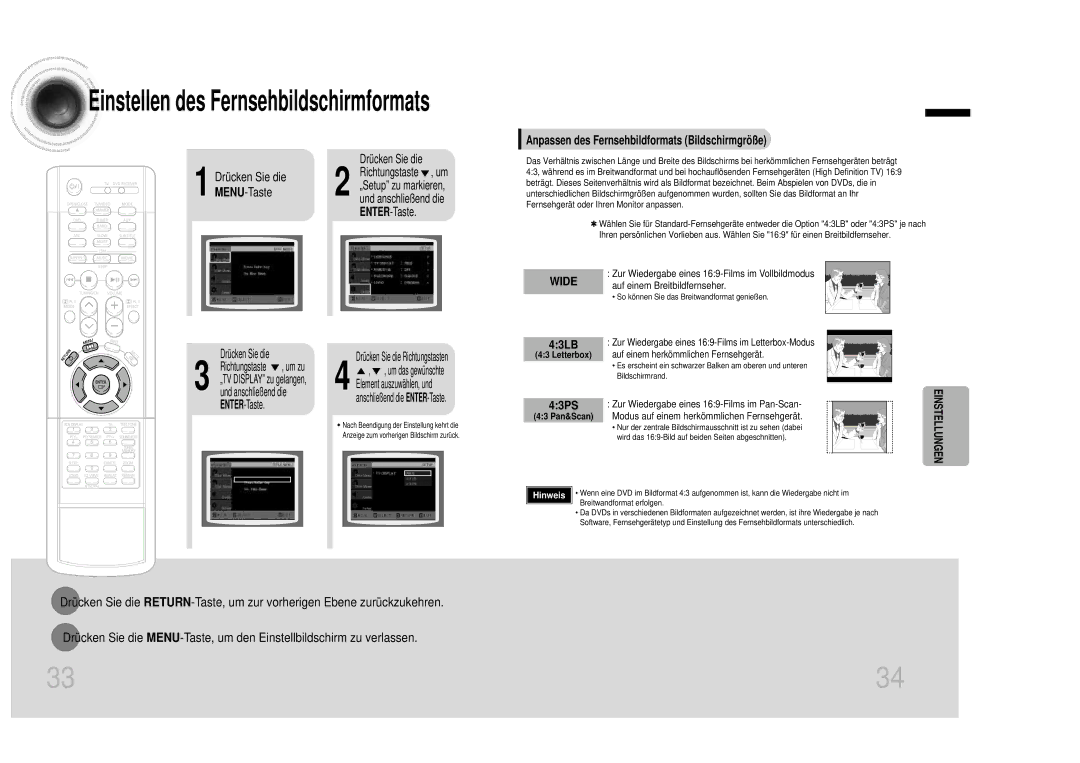 Samsung HTDB1350RH/EDC Anpassen des Fernsehbildformats Bildschirmgröße, Zur Wiedergabe eines 169-Films im Vollbildmodus 