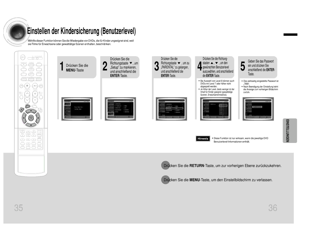 Samsung HTDB1350RH/EDC manual Einstellen der Kindersicherung Benutzerlevel, MENU-Taste 