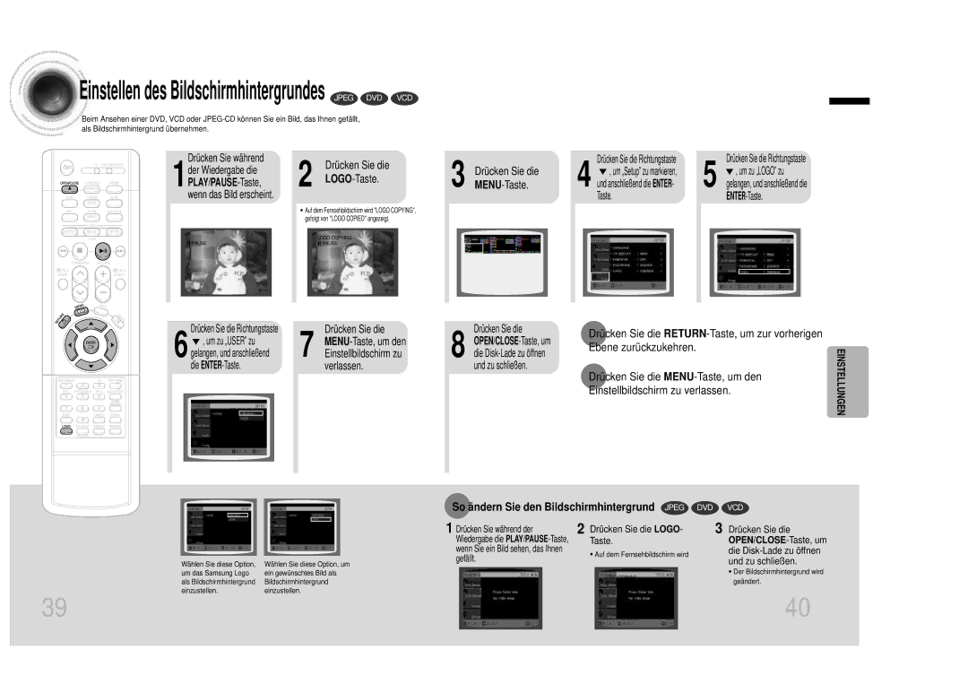 Samsung HTDB1350RH/EDC So ändern Sie den Bildschirmhintergrund Jpeg DVD VCD, LOGO-Taste MENU-Taste, Drücken Sie die Logo 