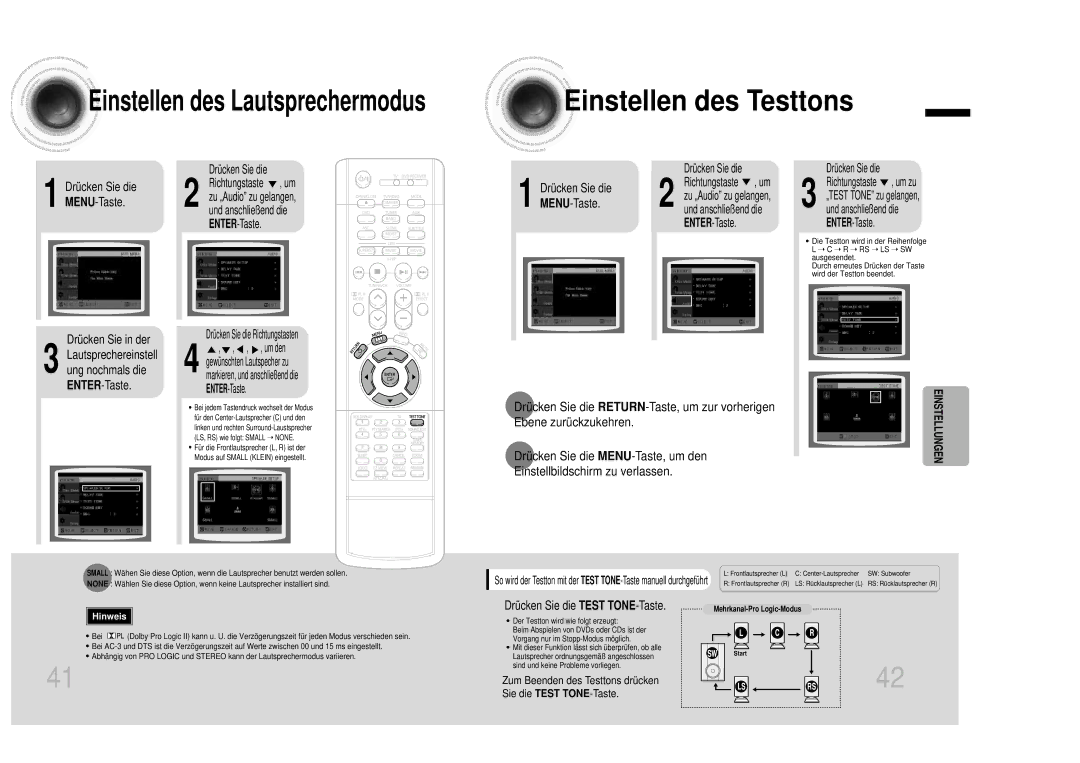 Samsung HTDB1350RH/EDC manual Einstellen des Testtons, Drücken Sie die Test TONE-Taste 