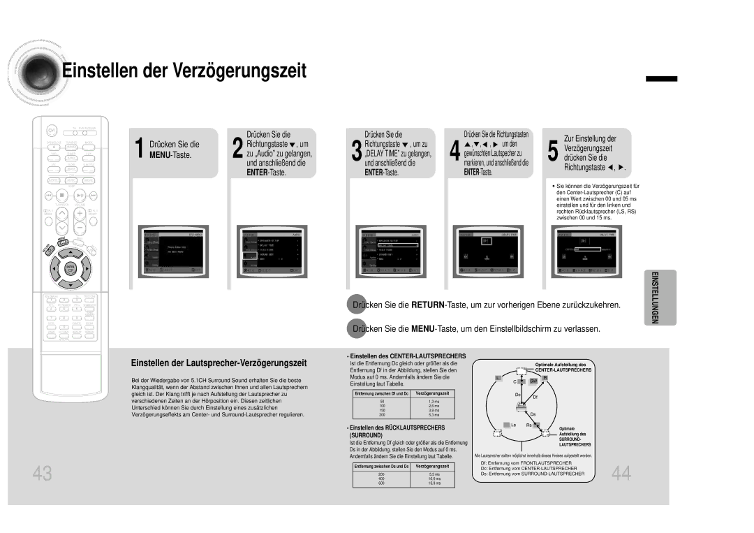 Samsung HTDB1350RH/EDC manual Einstellen der Verzögerungszeit, Einstellen der Lautsprecher-Verzögerungszeit 