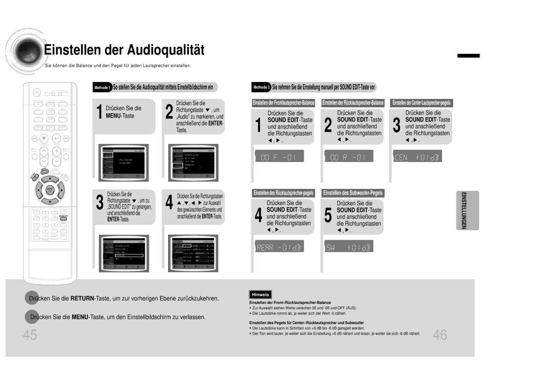 Samsung HTDB1350RH/EDC manual Anschließ end die ENTER- Taste, Einstellen der Front-/Rücklautsprecher-Balance 