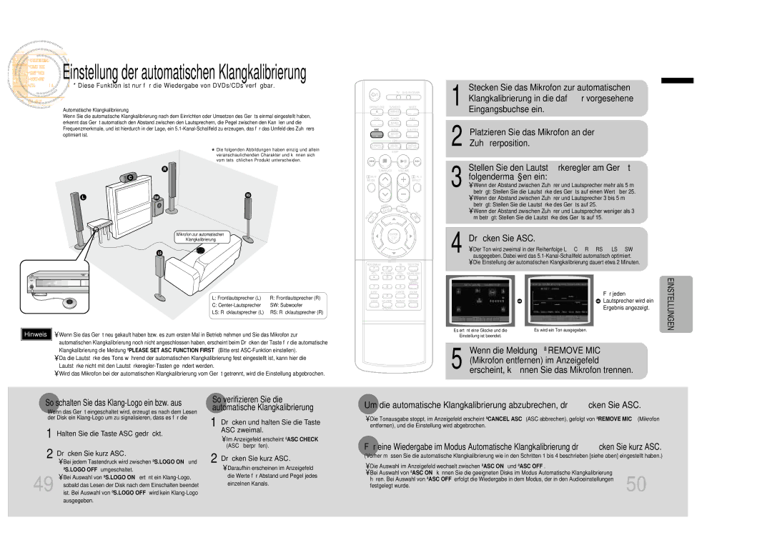 Samsung HTDB1350RH/EDC manual Einstellung der automatischen Klangkalibrierung, Cken Sie ASC 