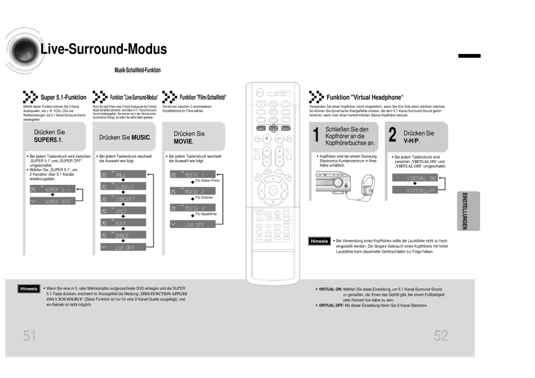 Samsung HTDB1350RH/EDC manual Drücken Sie Drücken Sie Music, SUPER5.1, Movie, Musik-Schallfeld-Funktion 