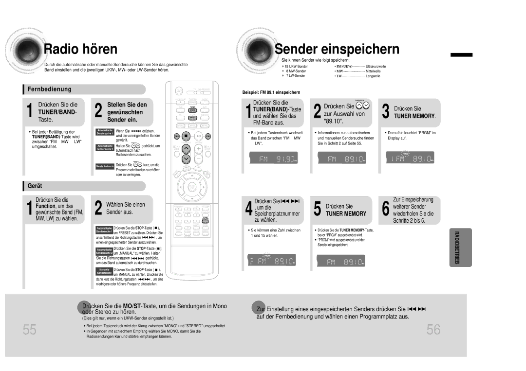 Samsung HTDB1350RH/EDC manual Radio hö ren, Sender einspeichern, Radiobetrieb 