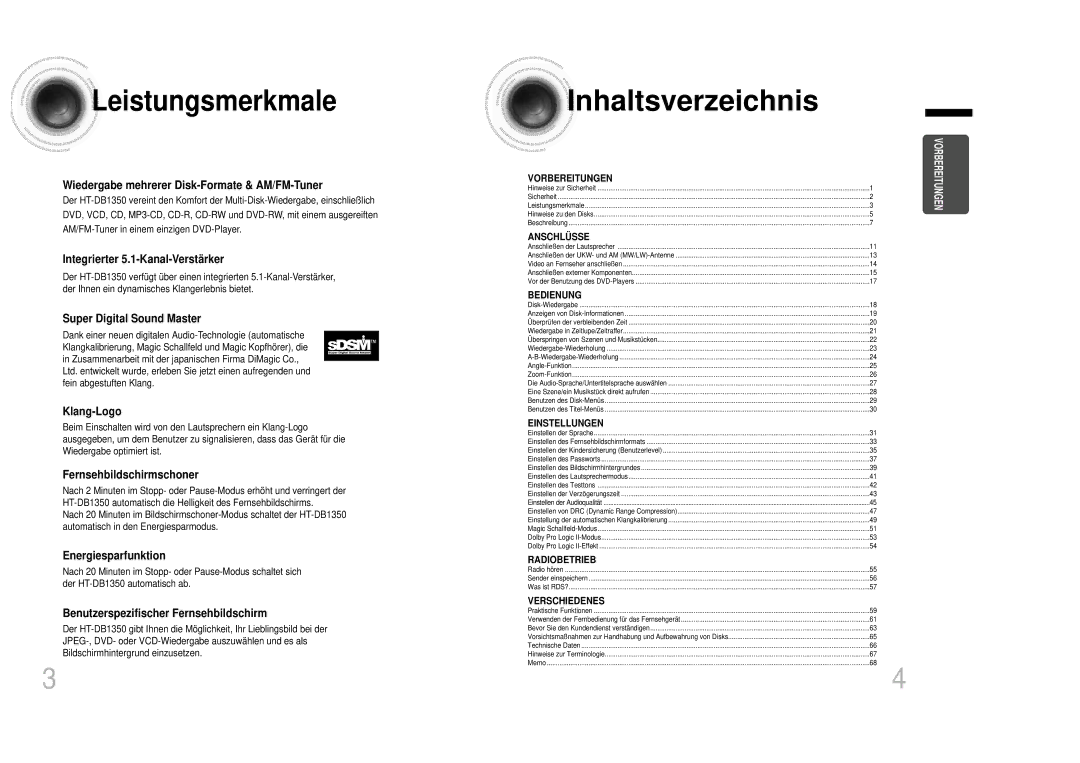 Samsung HTDB1350RH/EDC manual Leistungsmerkmale, Wiedergabe mehrerer Disk-Formate & AM/FM-Tuner 