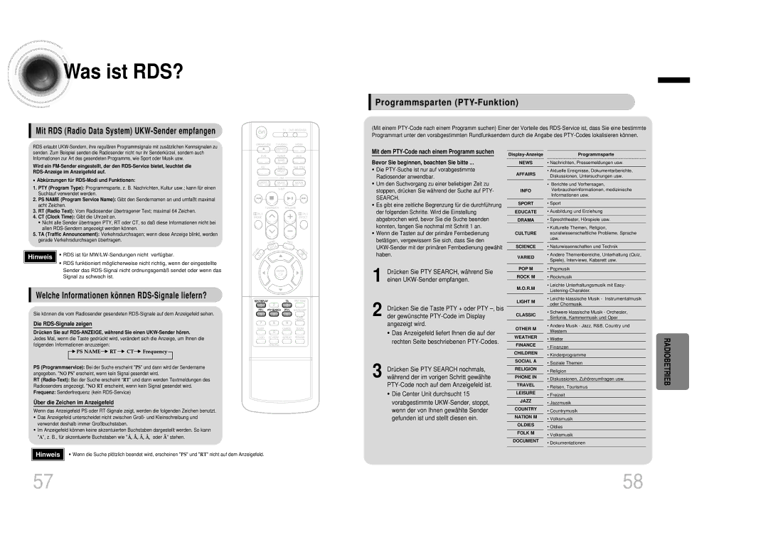 Samsung HTDB1350RH/EDC manual Was ist RDS?, Programmsparten PTY-Funktion, Mit RDS Radio Data System UKW-Sender empfangen 