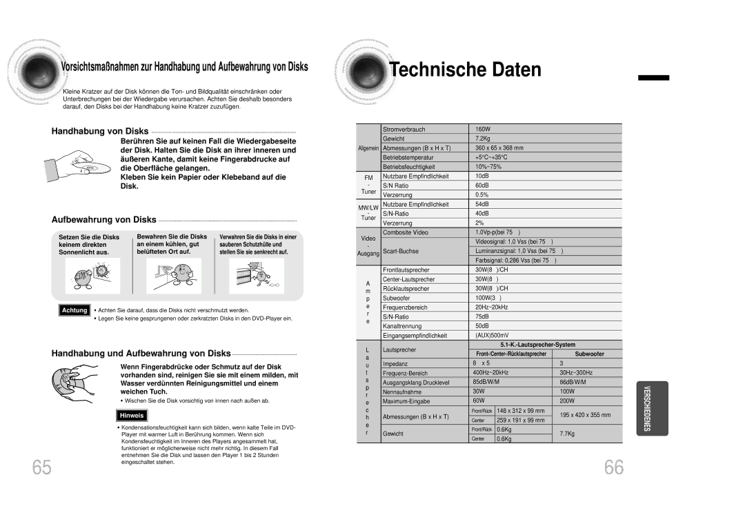 Samsung HTDB1350RH/EDC Technische Daten, Setzen Sie die Disks Bewahren Sie die Disks, Sonnenlicht aus Belü fteten Ort auf 