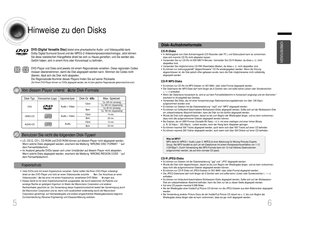 Samsung HTDB1350RH/EDC manual Hinweise zu den Disks, Kopierschutz 