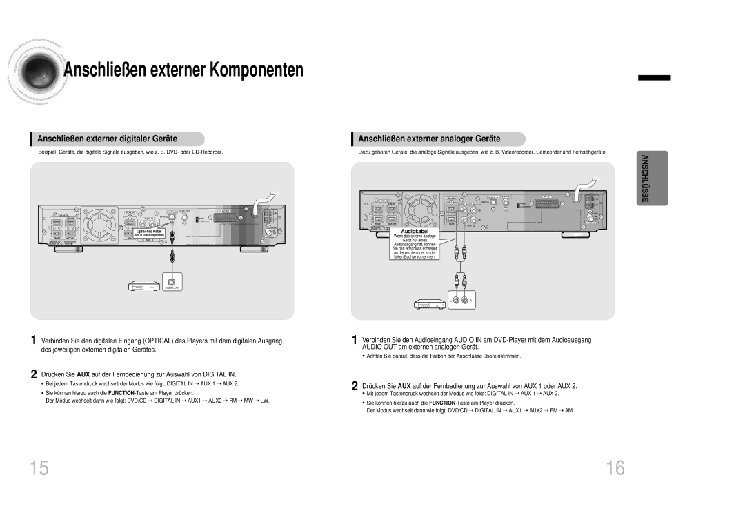 Samsung HTDB1350RH/EDC manual Anschließen externer digitaler Gerä te, Anschließen externer analoger Gerä te, Audiokabel 