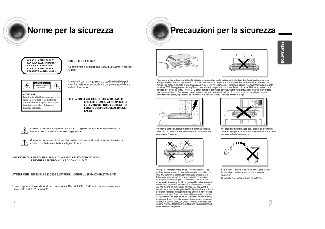 Samsung HTDB1350RH/EDC manual Norme per la sicurezza Precauzioni per la sicurezza, Attenzione 