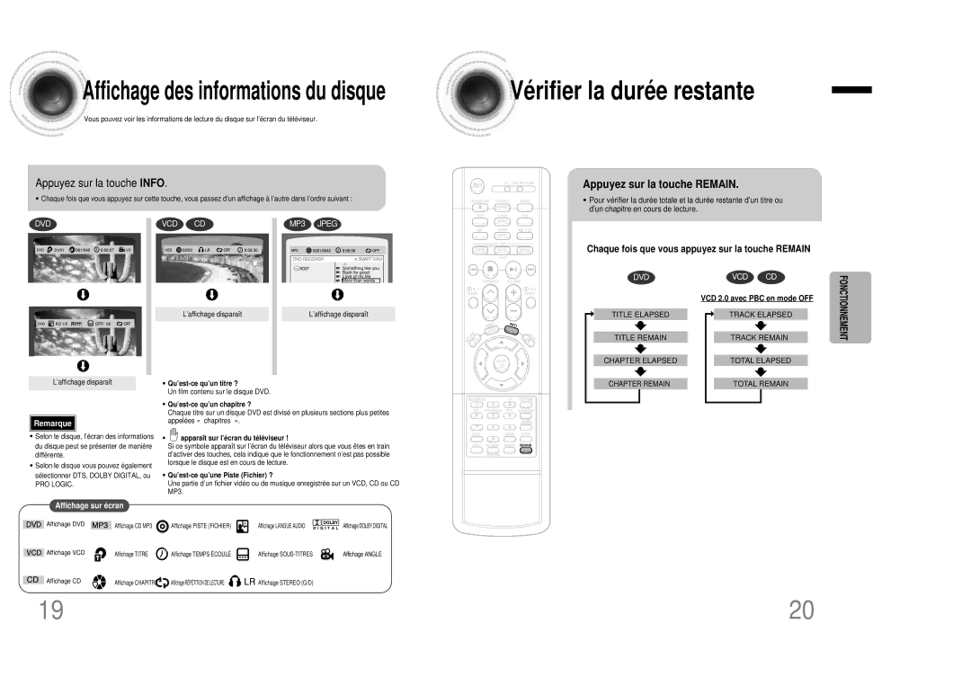 Samsung HTDB1350RH/ELS manual Appuyez sur la touche Info, Appuyez sur la touche Remain, VCD 2.0 avec PBC en mode OFF 