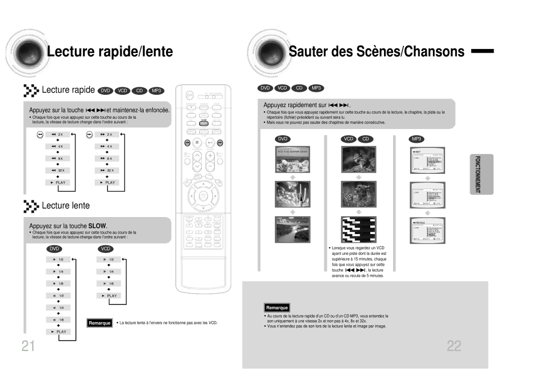 Samsung HTDB1350RH/ELS manual Lecture rapide/lente, Sauter des Scè nes/Chansons, Appuyez sur la touche Slow 