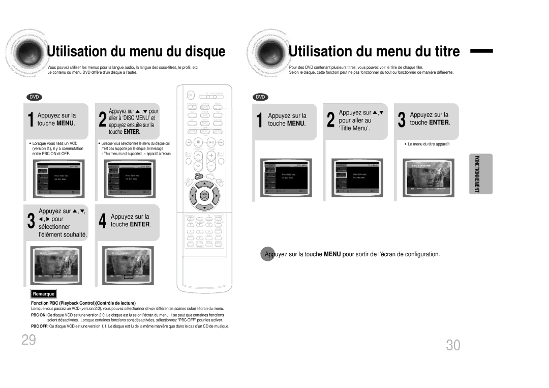 Samsung HTDB1350RH/ELS manual Utilisation du menu du titre, Utilisation du menu du disque, Appuyez sur la touche Menu 