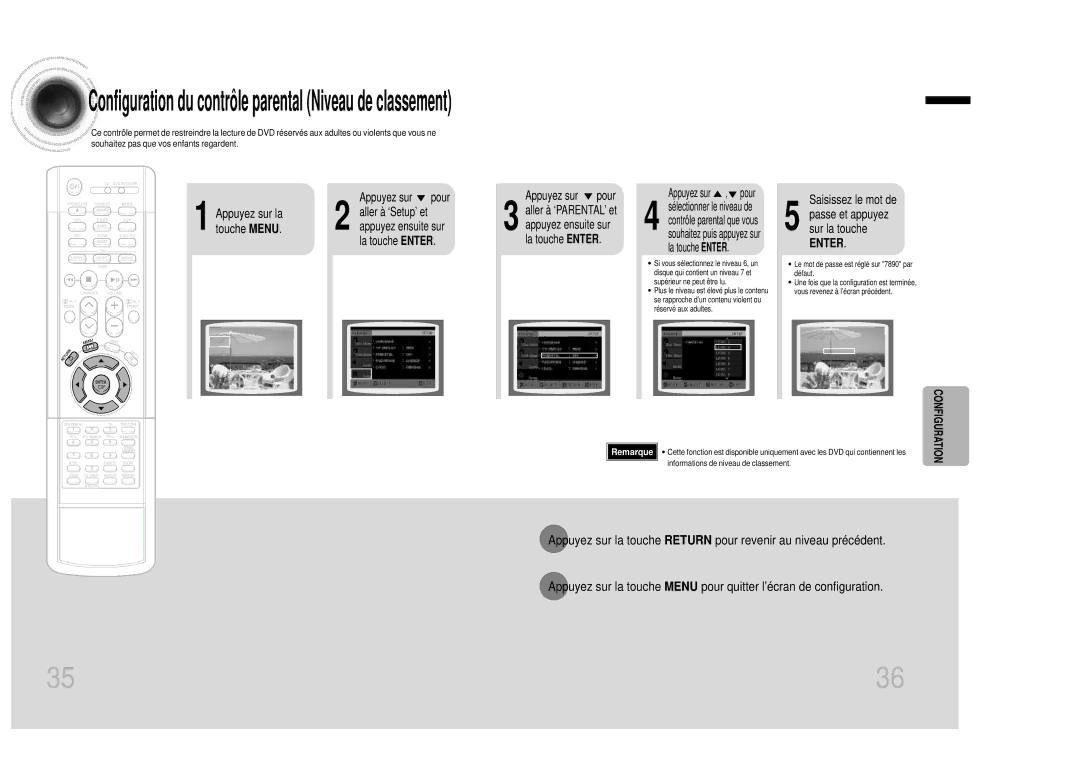 Samsung HTDB1350RH/ELS manual Configuration du contrôle parental Niveau de classement 